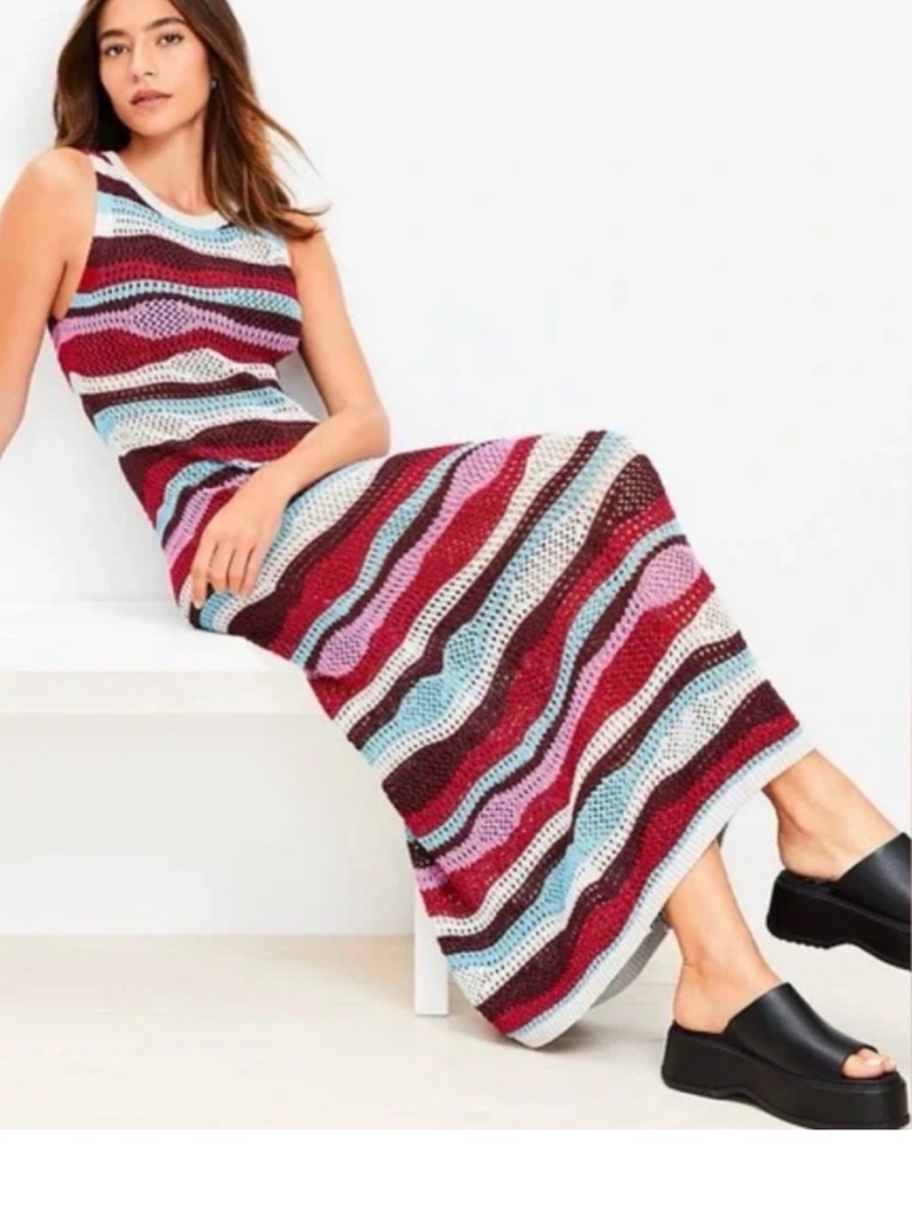 Multicolor Striped Knit Maxi Dress - Red, Blue, Pink Size Small
